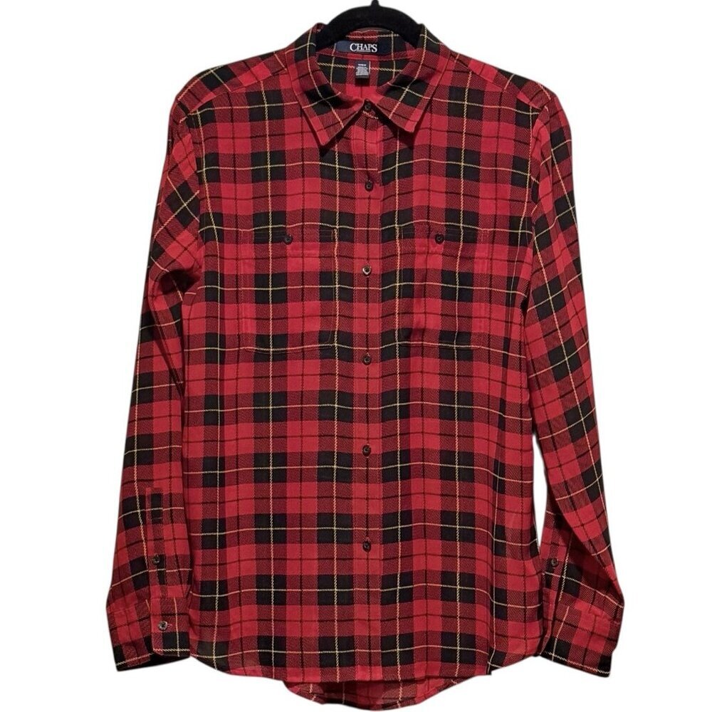 Chaps Sheer Red Plaid Button Down Womens Holiday Christmas Top Blouse Sz Medium - Picture 2 of 8
